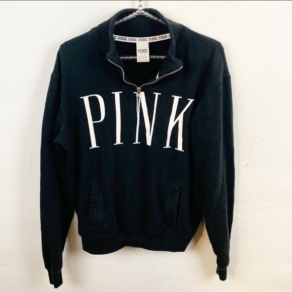 PINK Victoria's Secret Tops - Victorias Secret Pink Black Quarter Zip Sweatshirt